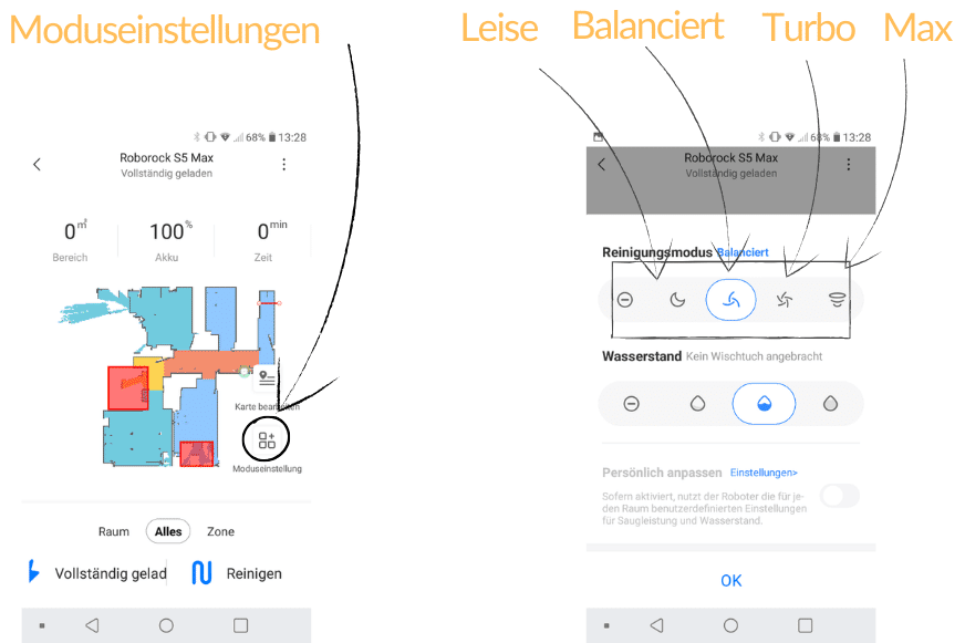Auswahl der verschiedenen Saugmodi in der Roborock S6 MaxV Handy App.